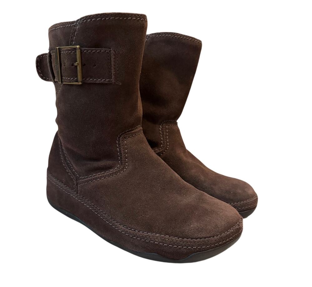 FitFlop Superboot Suede Mid Calf Boots Brown Women's Size 8 Microwobbleboard